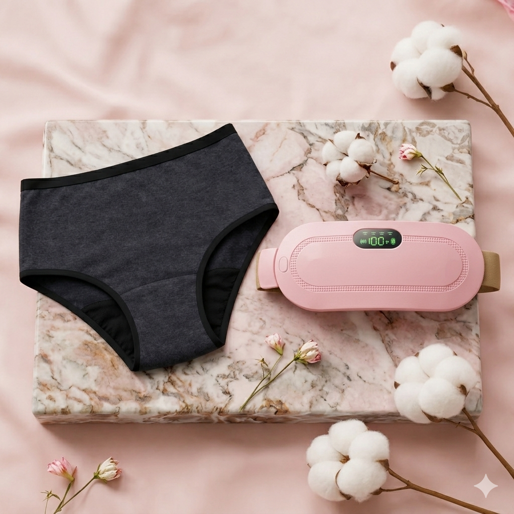 Ultimate Period Comfort Bundle – Cramp Relief Massager + Leak-Proof Reusable Panties ( Pack Of 2 )